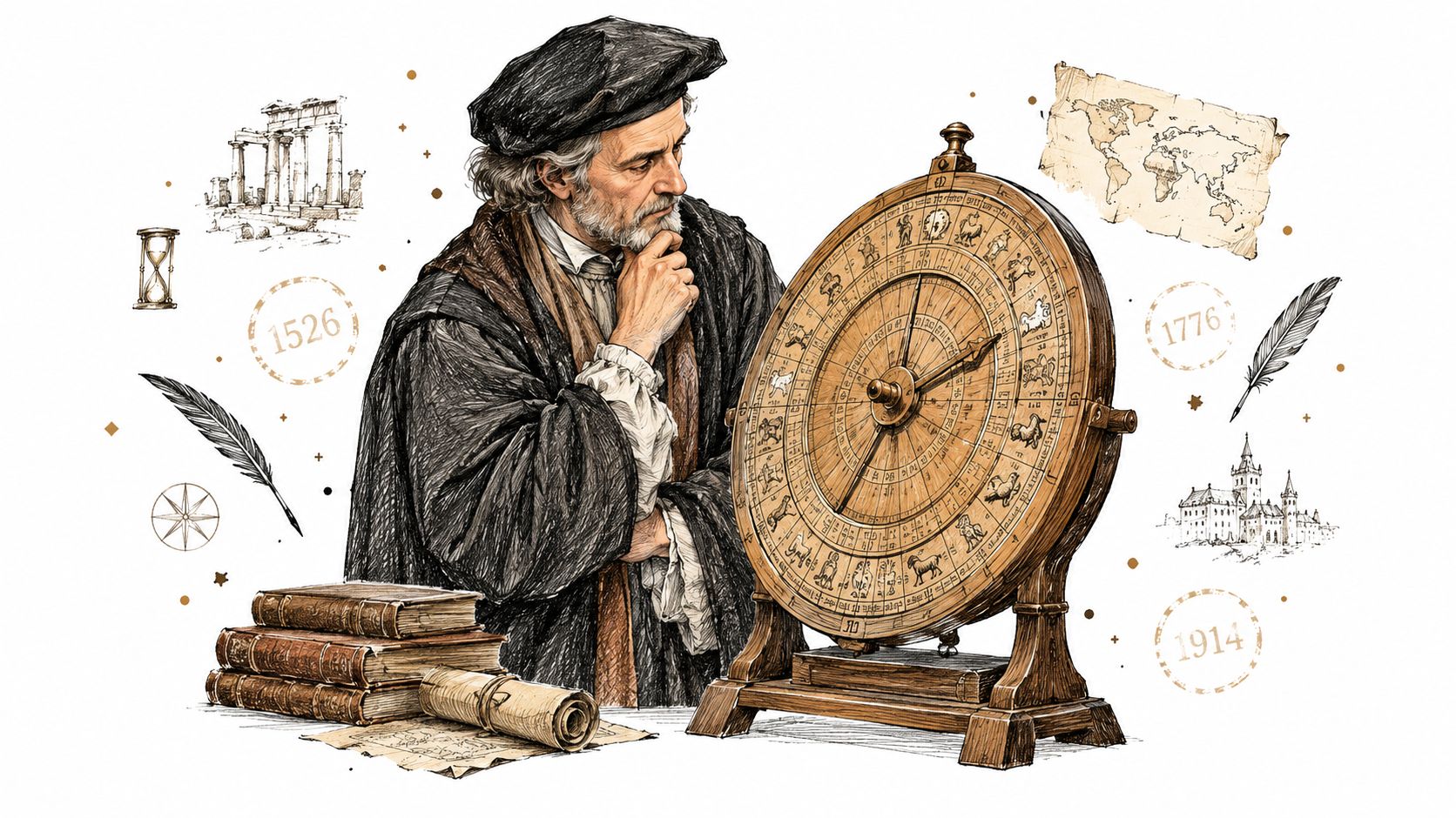 Un homme d'époque étudiant des symboles astrologiques sur une roue en bois avec des livres anciens.