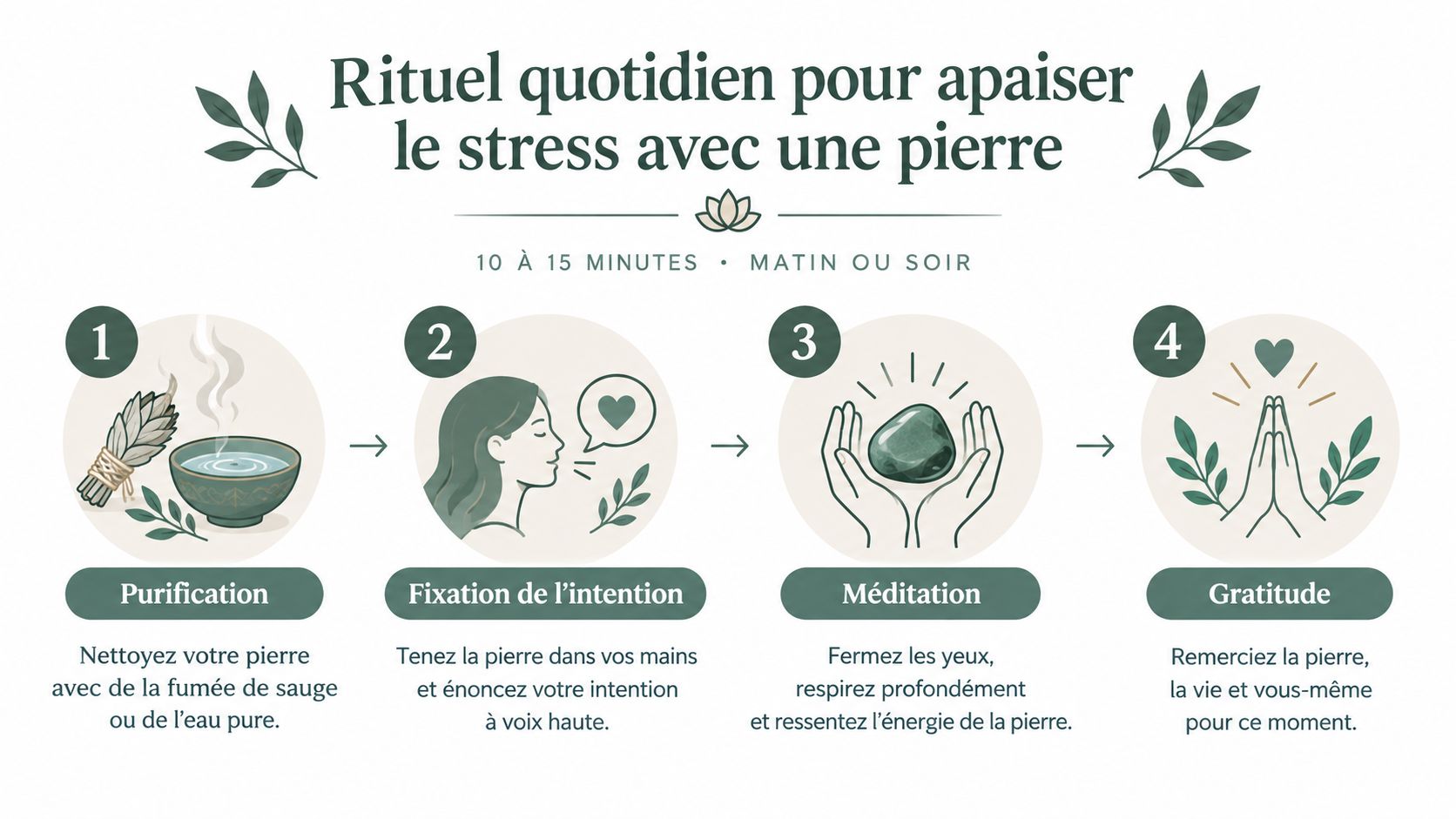 Une infographie montrant un rituel quotidien de quatre étapes pour apaiser le stress avec une pierre naturelle.