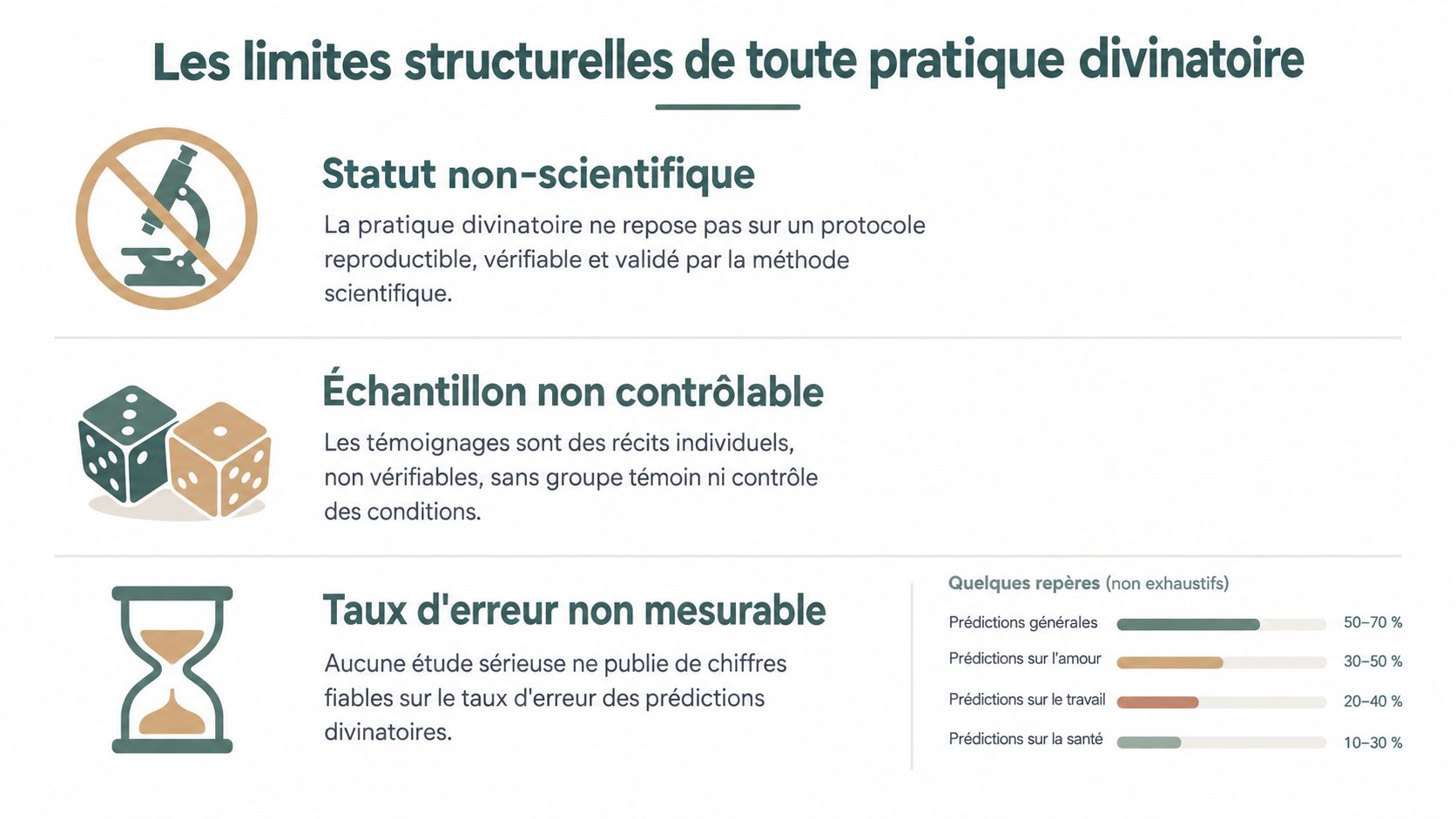Infographie illustrant les limites scientifiques, les échantillons non contrôlables et les taux d'erreur des pratiques divinatoires.