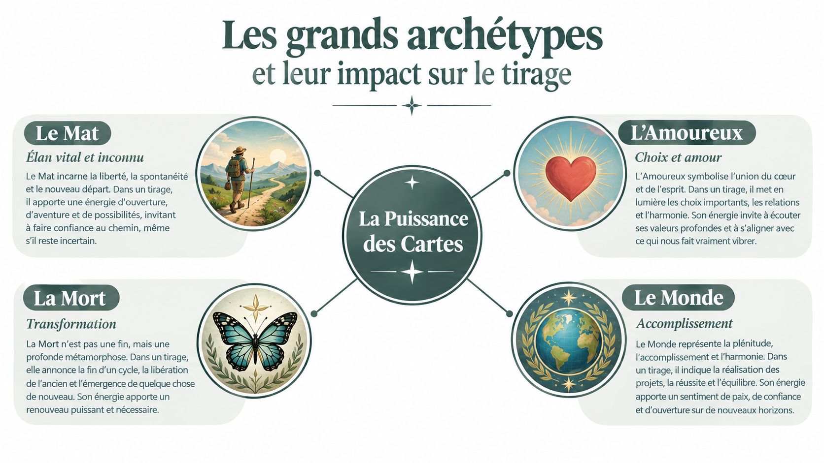 Une infographie sur les quatre grands archétypes du tarot : Le Mat, L'Amoureux, La Mort et Le Monde.