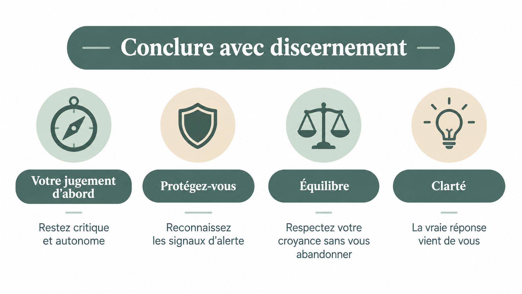 Illustration graphique conseillant d'utiliser le discernement et son jugement personnel face aux prédictions des voyants.