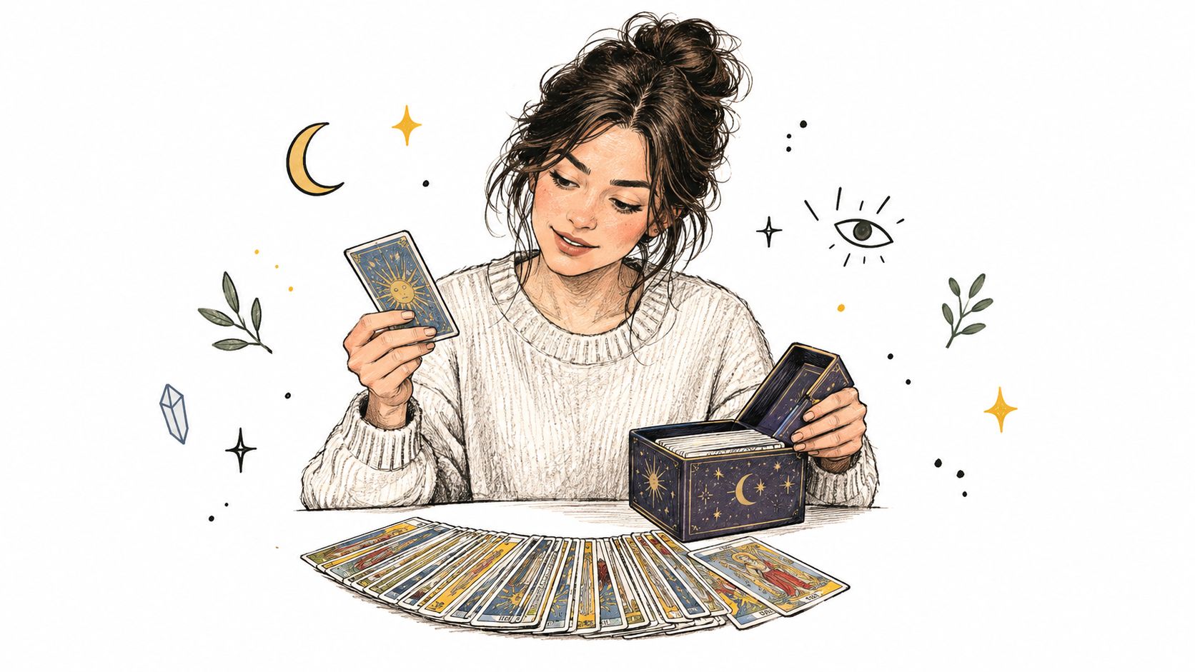 Une jeune femme avec un chignon décontracté tirant des cartes de tarot divinatoires sur une table