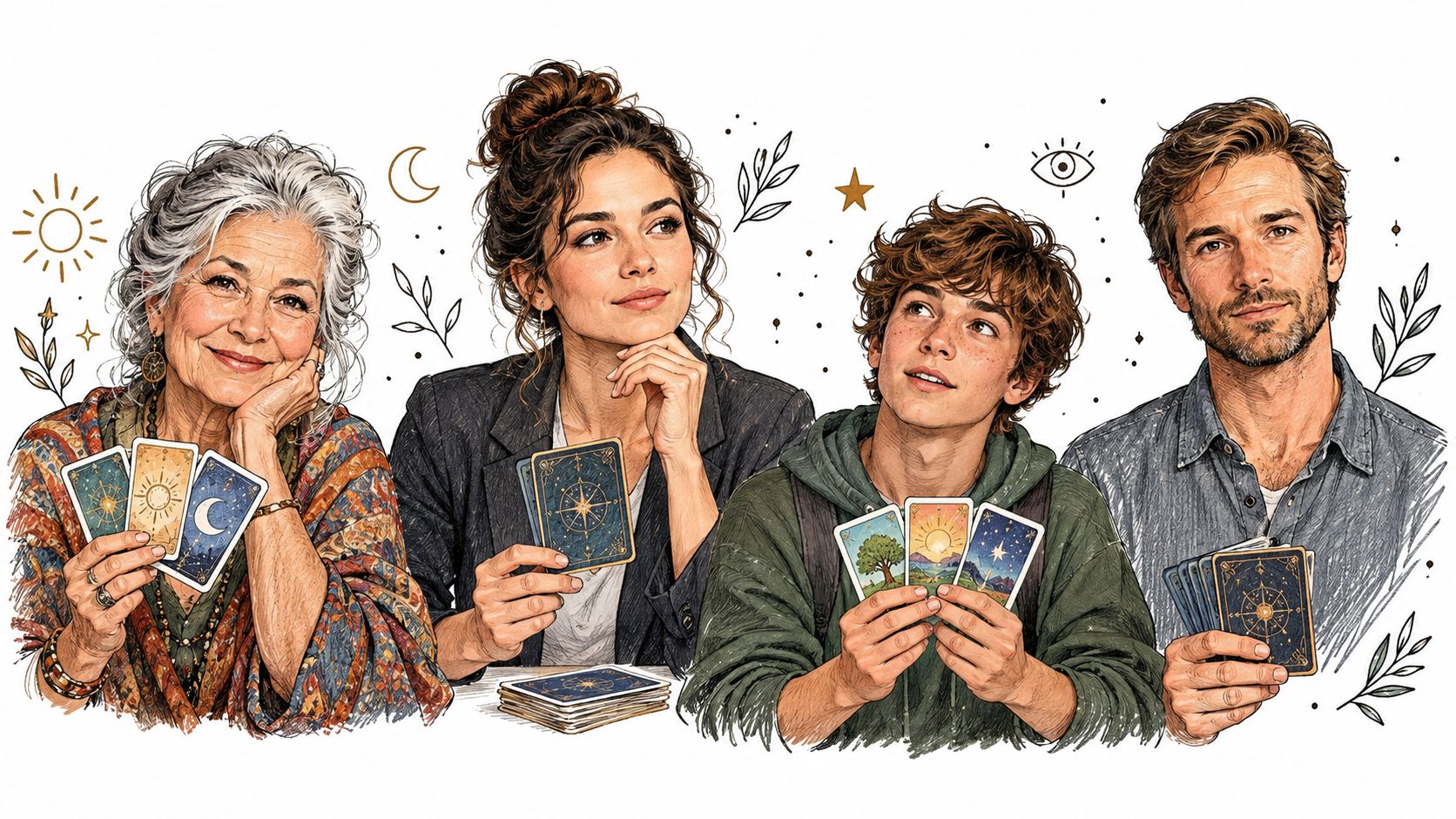 Quatre personnes de générations différentes tiennent des cartes d'oracle illustrées lors d'une séance de divination ésotérique.