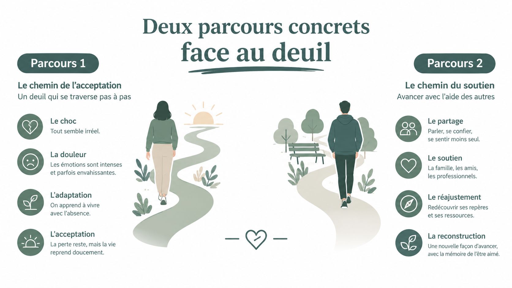 Une infographie montrant deux parcours différents pour surmonter le deuil à travers l'acceptation ou le soutien.