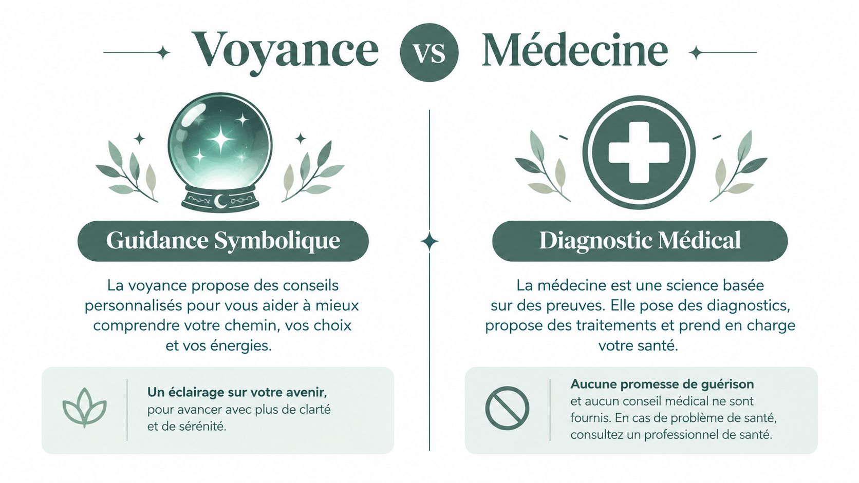 Comparaison entre la voyance comme guidance symbolique et la médecine comme pratique basée sur des preuves scientifiques.
