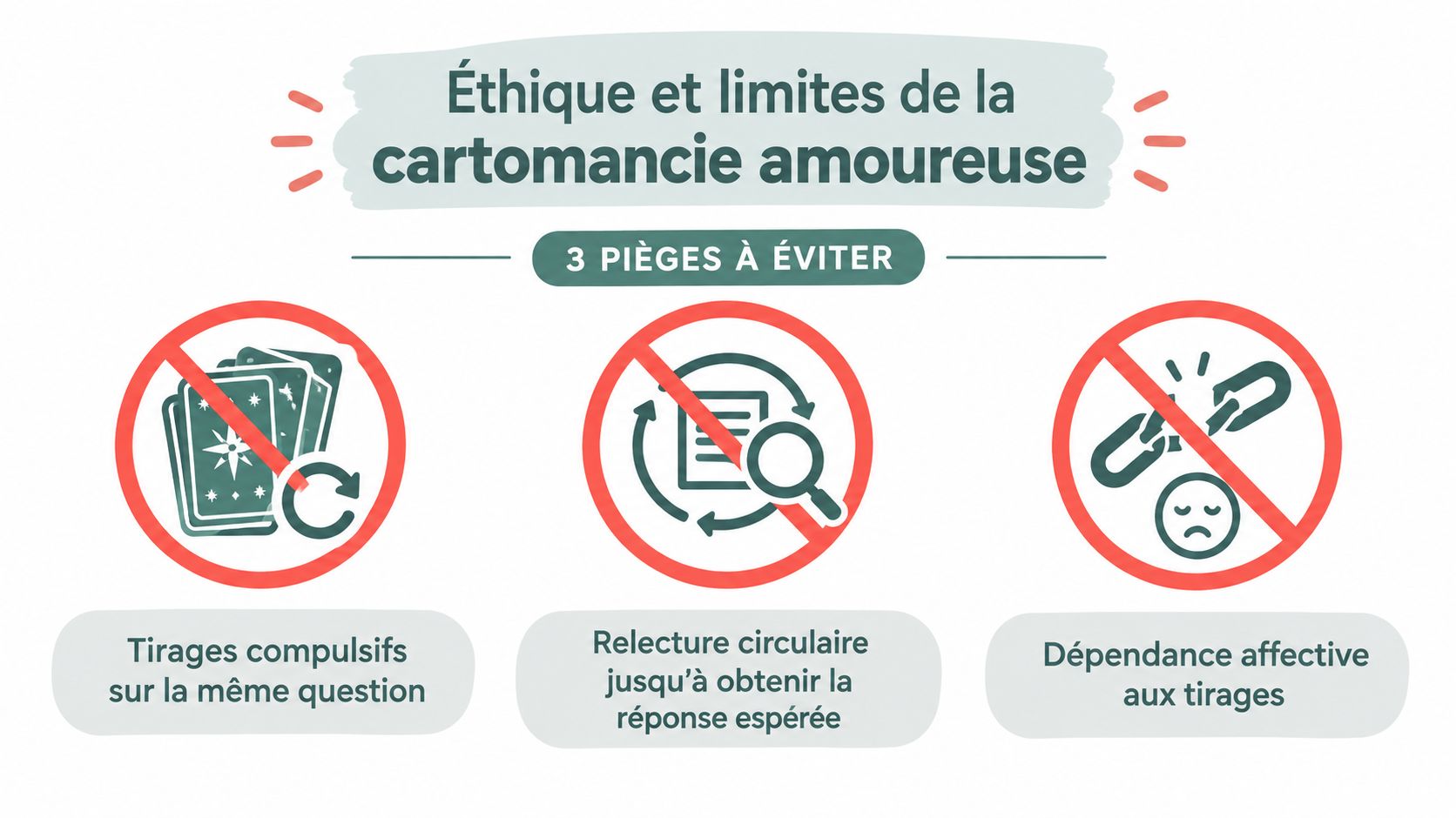 Infographie illustrant trois pièges éthiques à éviter lors de séances de cartomancie liée à la vie amoureuse.