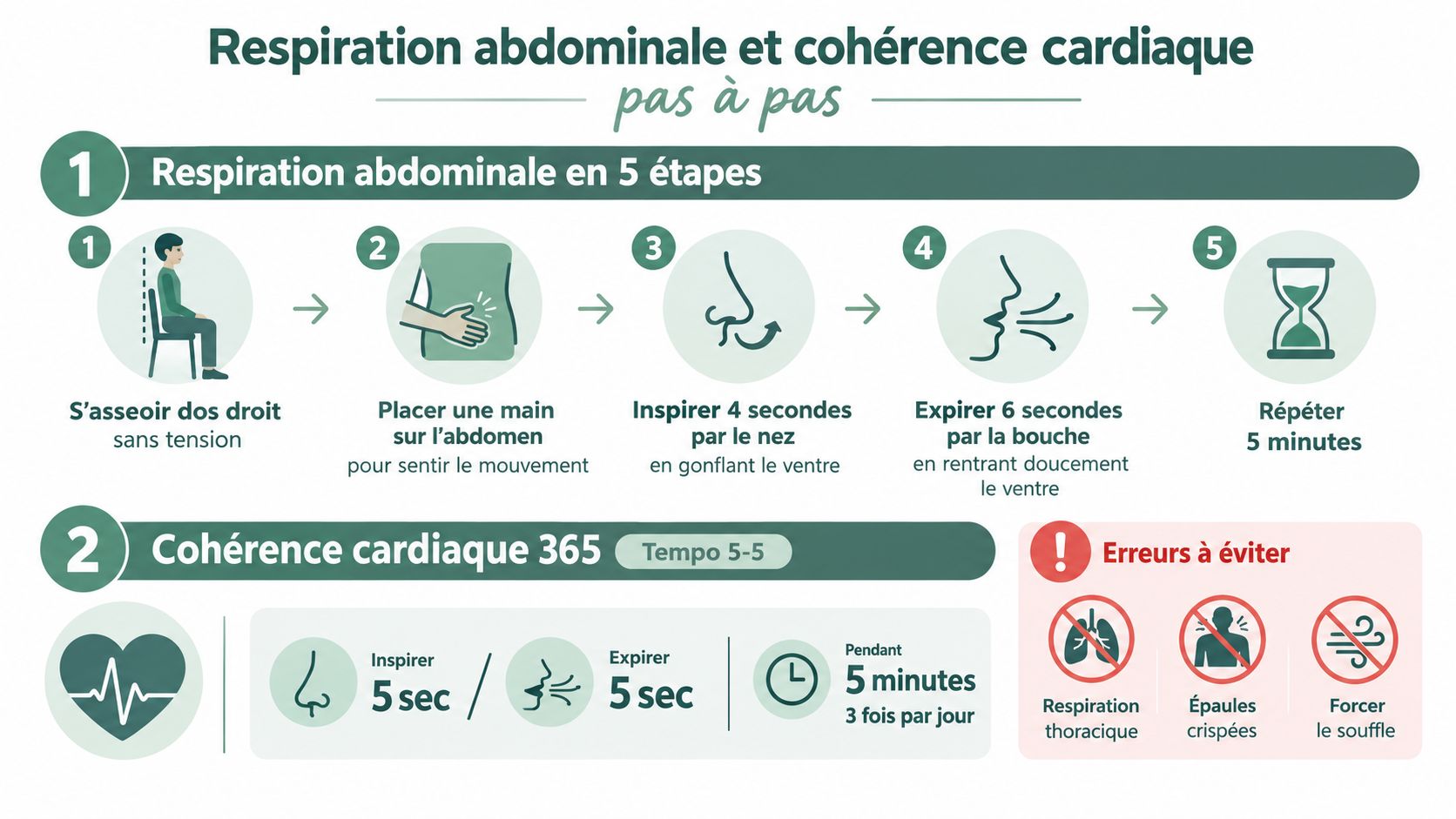 Infographie étape par étape expliquant la technique de respiration abdominale et la méthode de cohérence cardiaque 365.