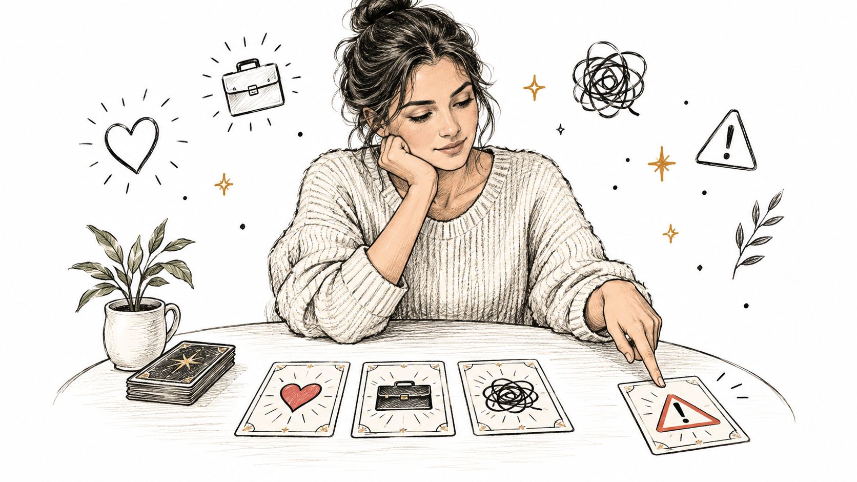 Une femme consulte des cartes de tarot sur une table avec divers symboles dessinés autour d'elle