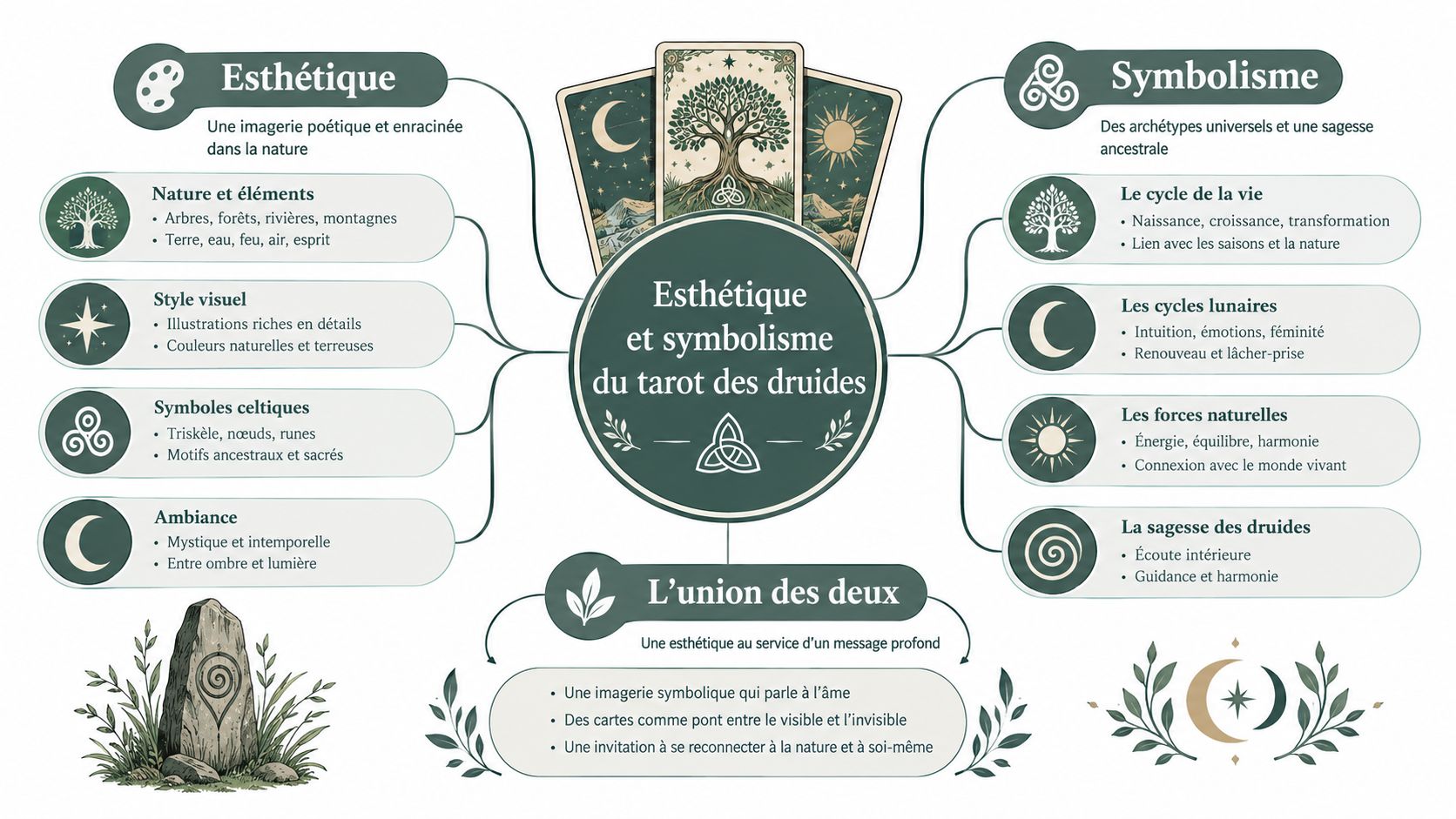 Une infographie détaillée illustrant l'esthétique et le symbolisme mystiques du tarot des druides avec des éléments naturels.