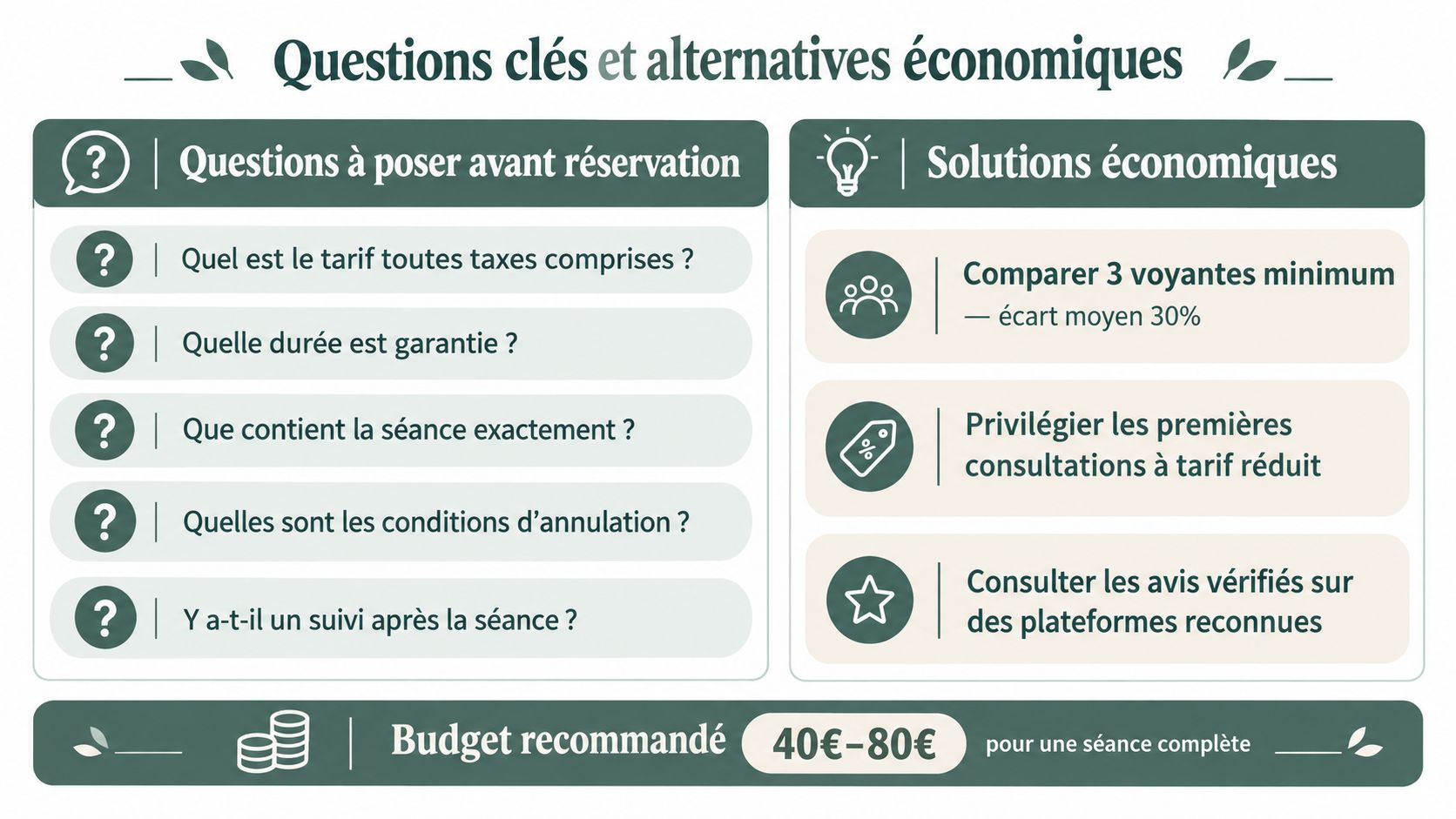 Infographie présentant des conseils économiques et des questions essentielles à poser avant de consulter une voyante.
