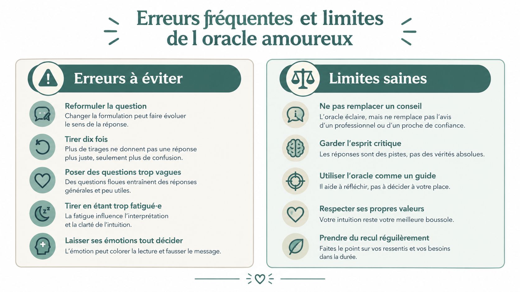 Une infographie présentant les erreurs à éviter et les limites saines lors de l'utilisation d'un oracle divinatoire.