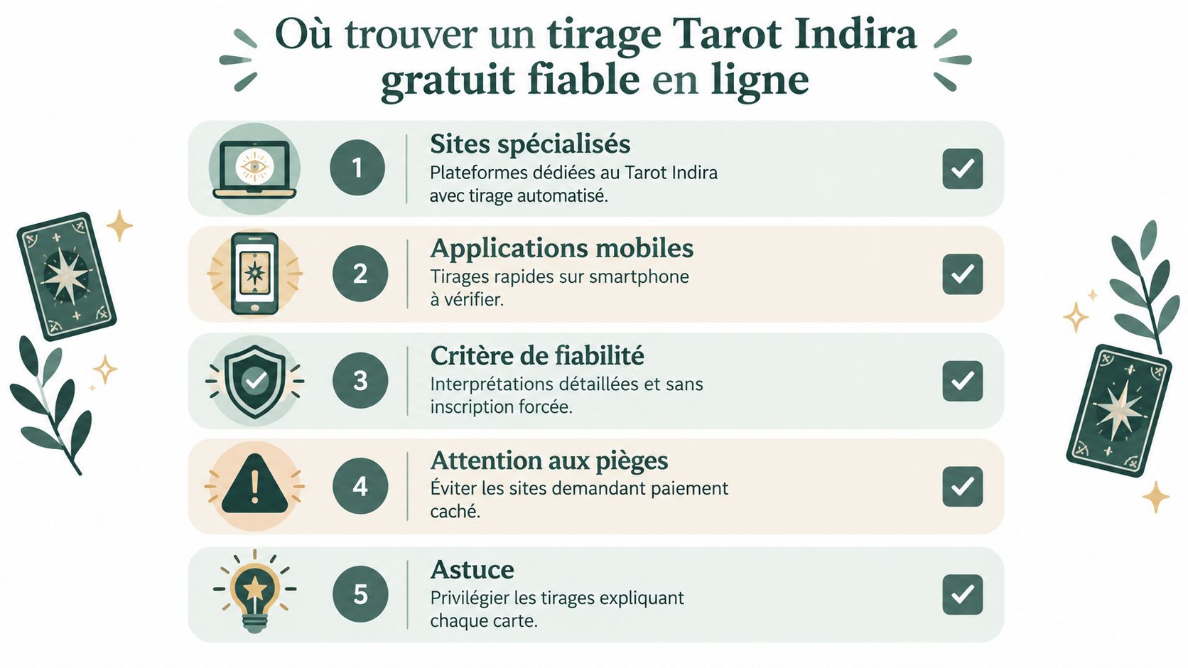 Infographie illustrant cinq conseils pratiques pour trouver un tirage de Tarot Indira gratuit et fiable en ligne.