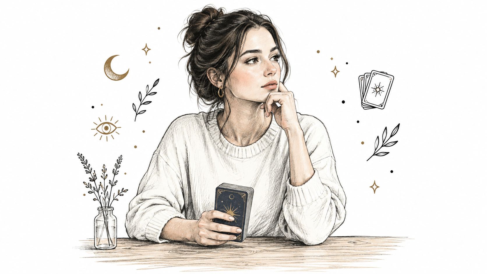 Une jeune femme pensive tenant un jeu de tarot devant une table avec des symboles ésotériques dessinés