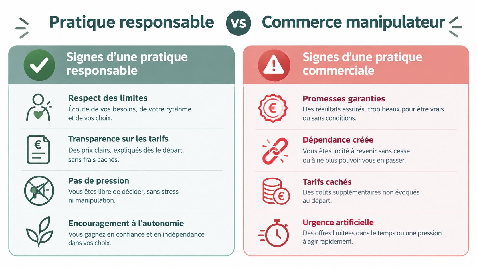 Tableau comparatif illustrant les différences entre une pratique commerciale responsable et un commerce manipulateur avec des exemples.