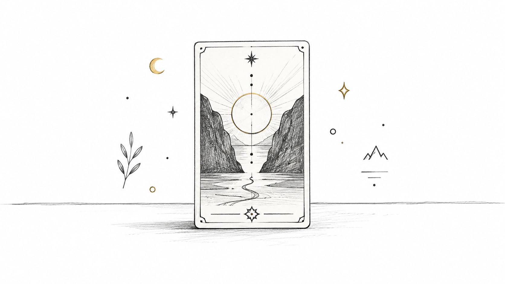Une carte de tarot minimaliste dessinée au crayon représentant un paysage montagneux avec un soleil rayonnant central.