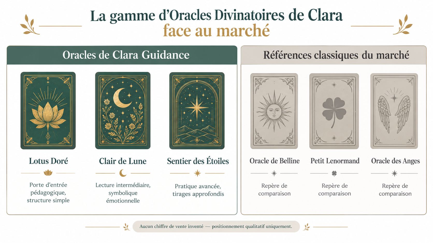 Tableau comparatif illustrant la gamme d'oracles de Clara Guidance par rapport aux jeux divinatoires classiques du marché.