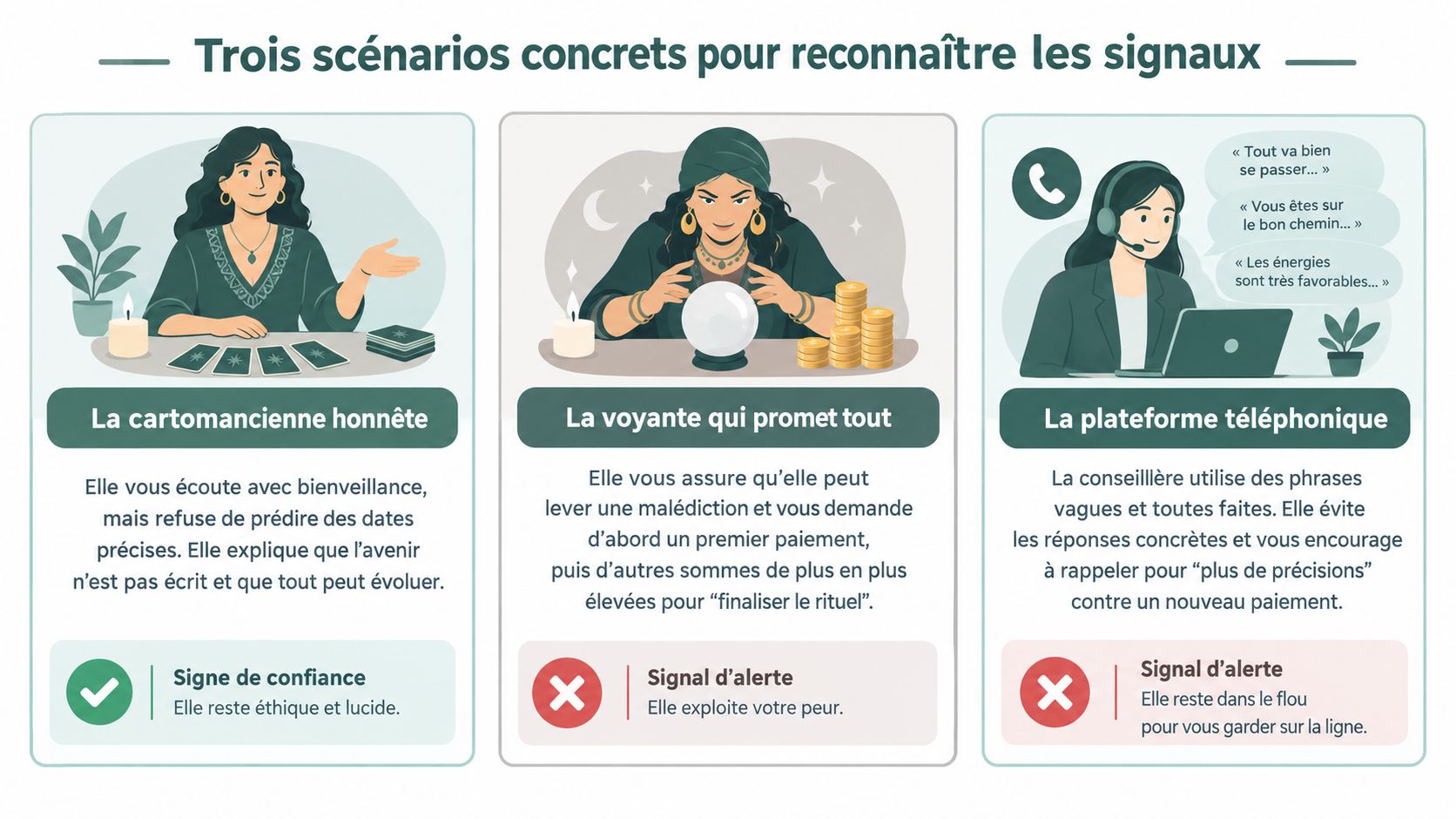 Infographie illustrant trois scénarios sur les pratiques de voyance, différenciant les approches éthiques des méthodes abusives.