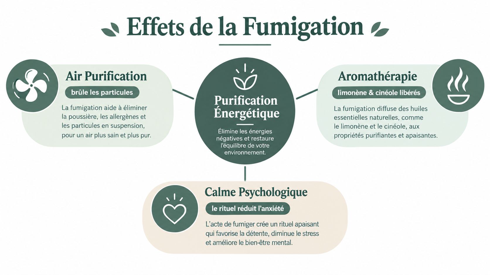 Infographie illustrant les bienfaits de la fumigation, incluant la purification de l'air, l'aromathérapie et le bien-être mental.