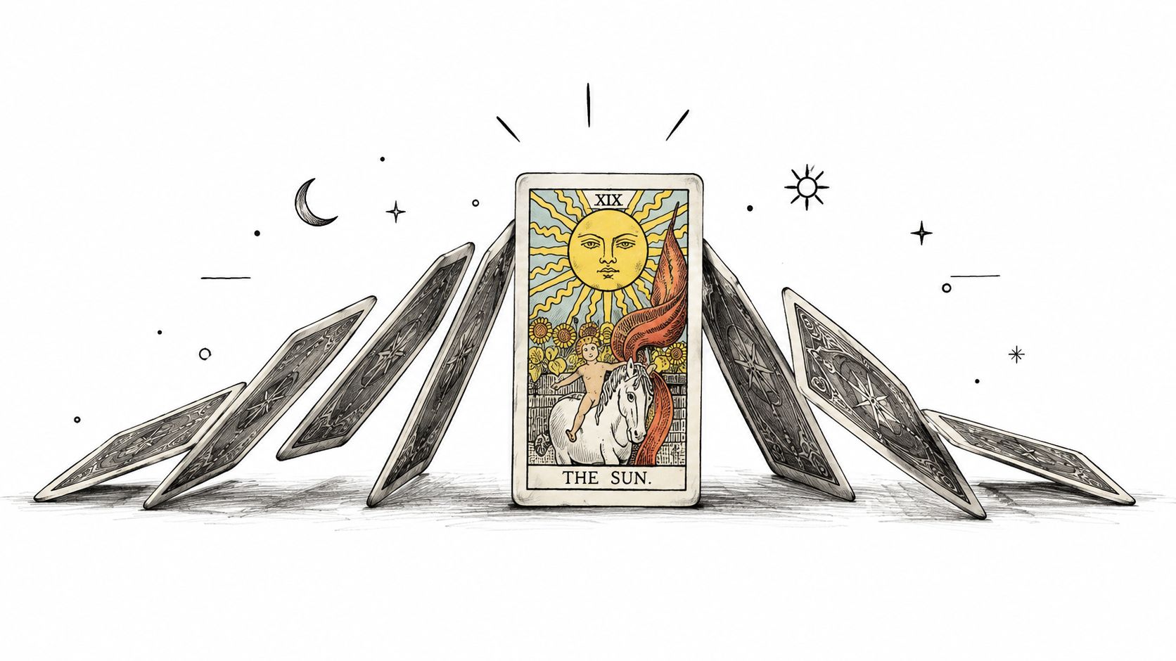 Une carte de tarot Le Soleil au centre, entourée d'autres cartes disposées en domino sur un fond blanc.
