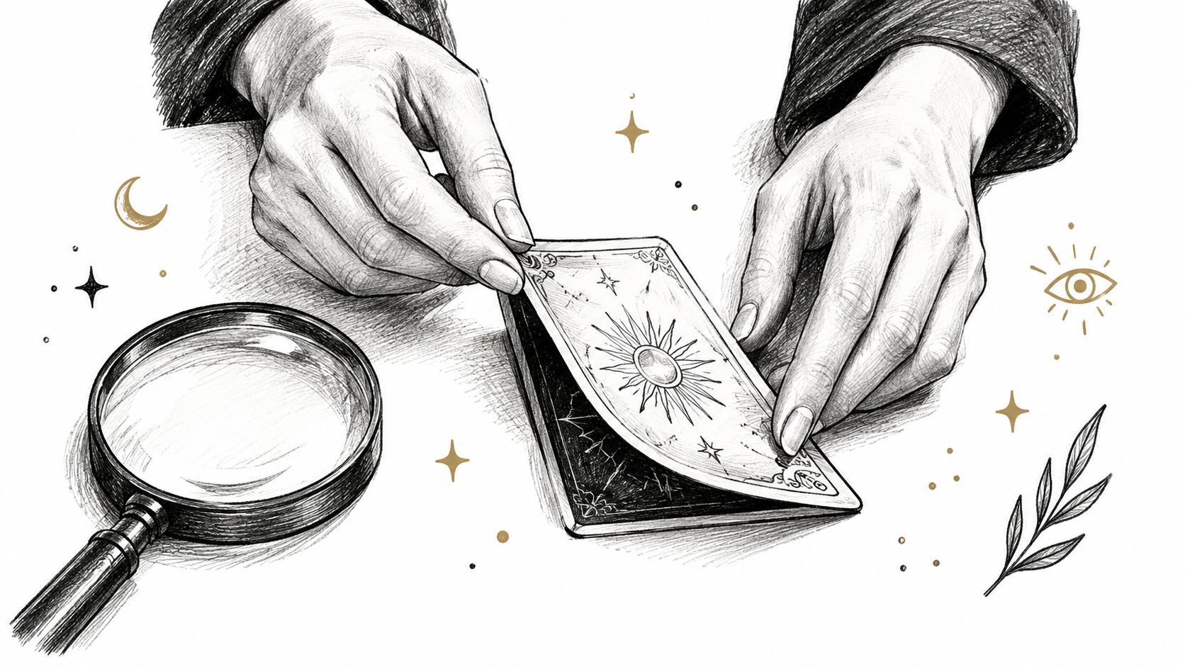 Mains tenant une carte de tarot mystique avec un soleil, à côté d'une loupe sur fond blanc