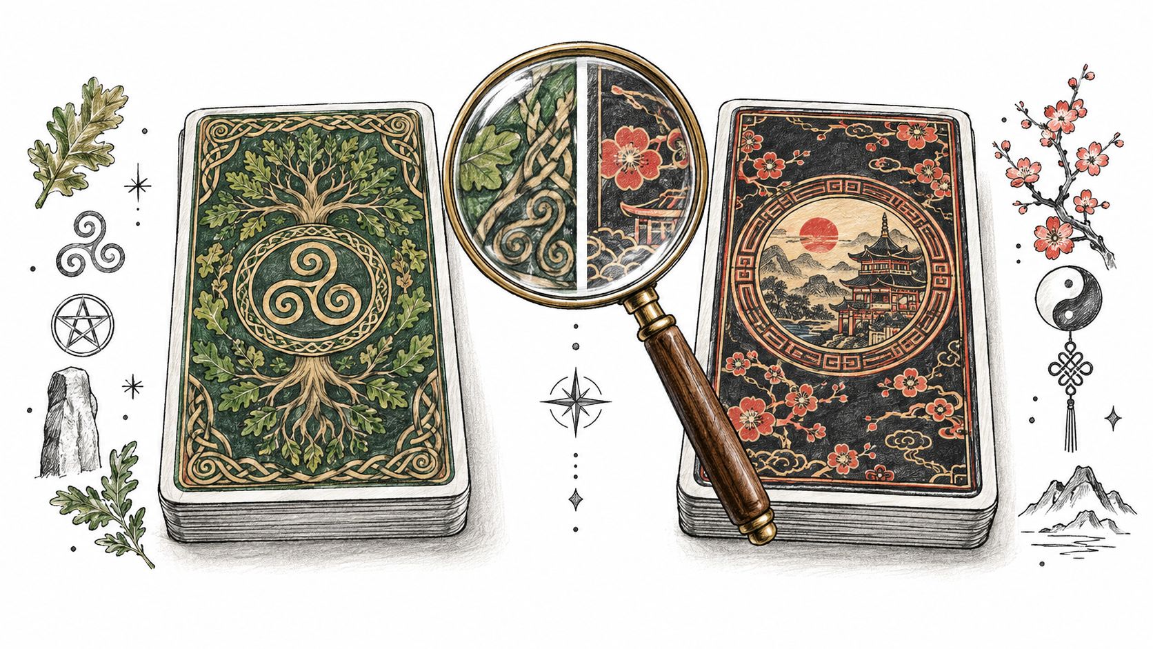 Illustration montrant deux jeux de cartes de tarot, l'un celtique et l'autre japonais, vus sous une loupe.
