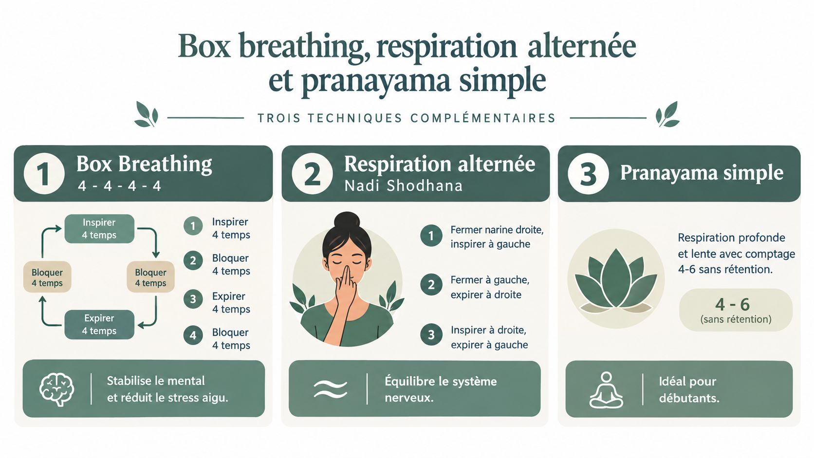 Infographie illustrant trois techniques de respiration relaxantes pour stabiliser le mental et réduire le stress quotidien.