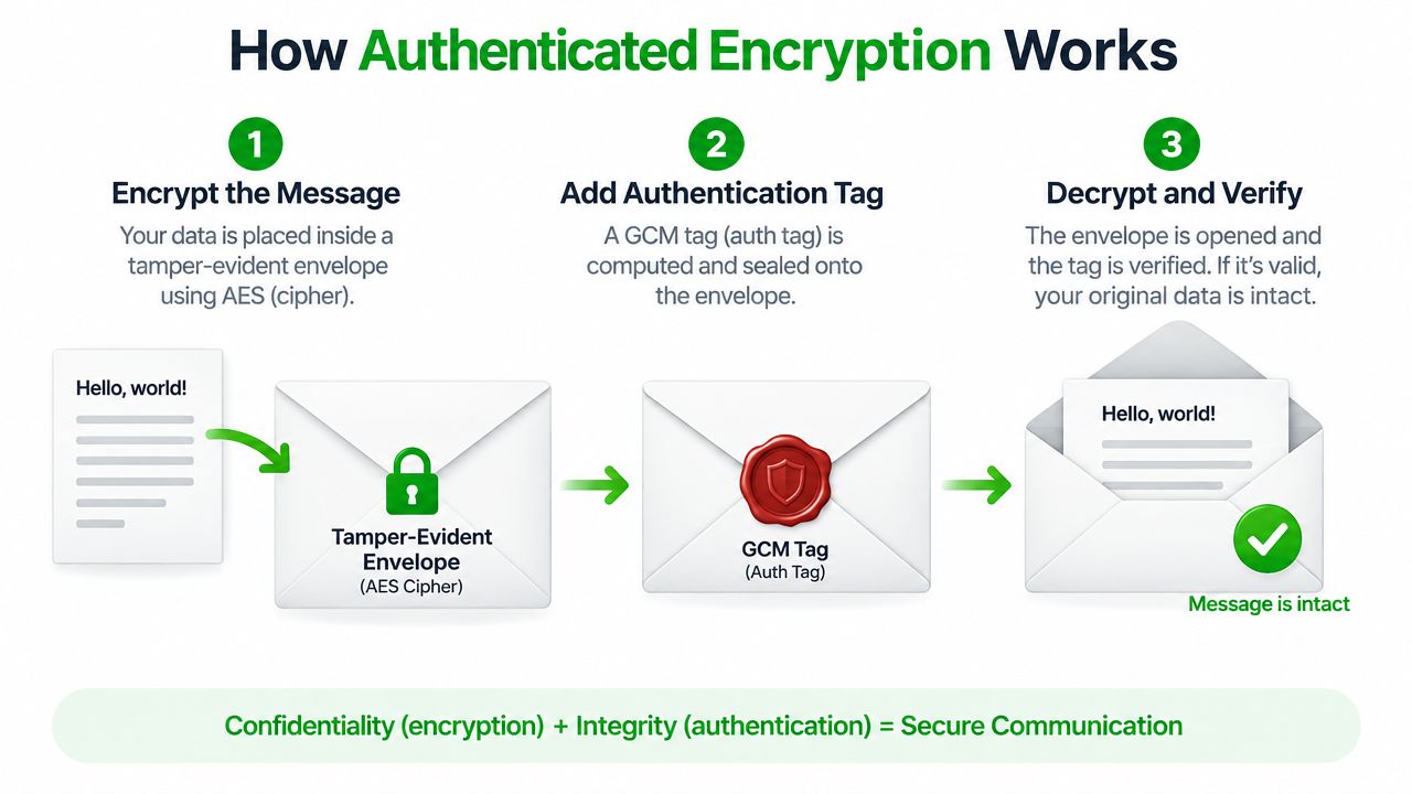 A diagram illustrating how authenticated encryption works using AES encryption and GCM authentication tags for secure data.