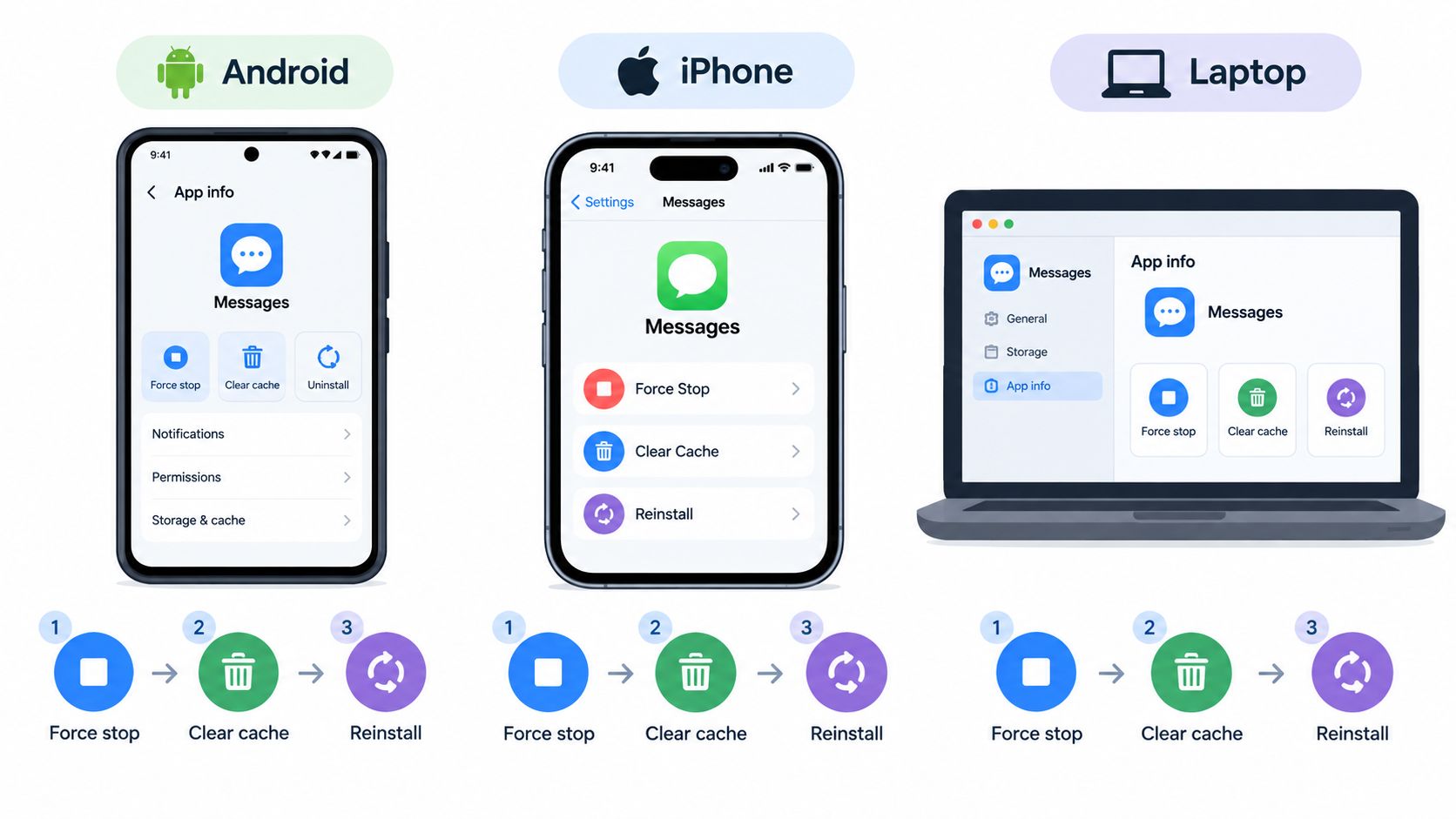 Infographic showing step-by-step instructions for troubleshooting and resetting messaging apps on Android, iPhone, and Laptop devices.