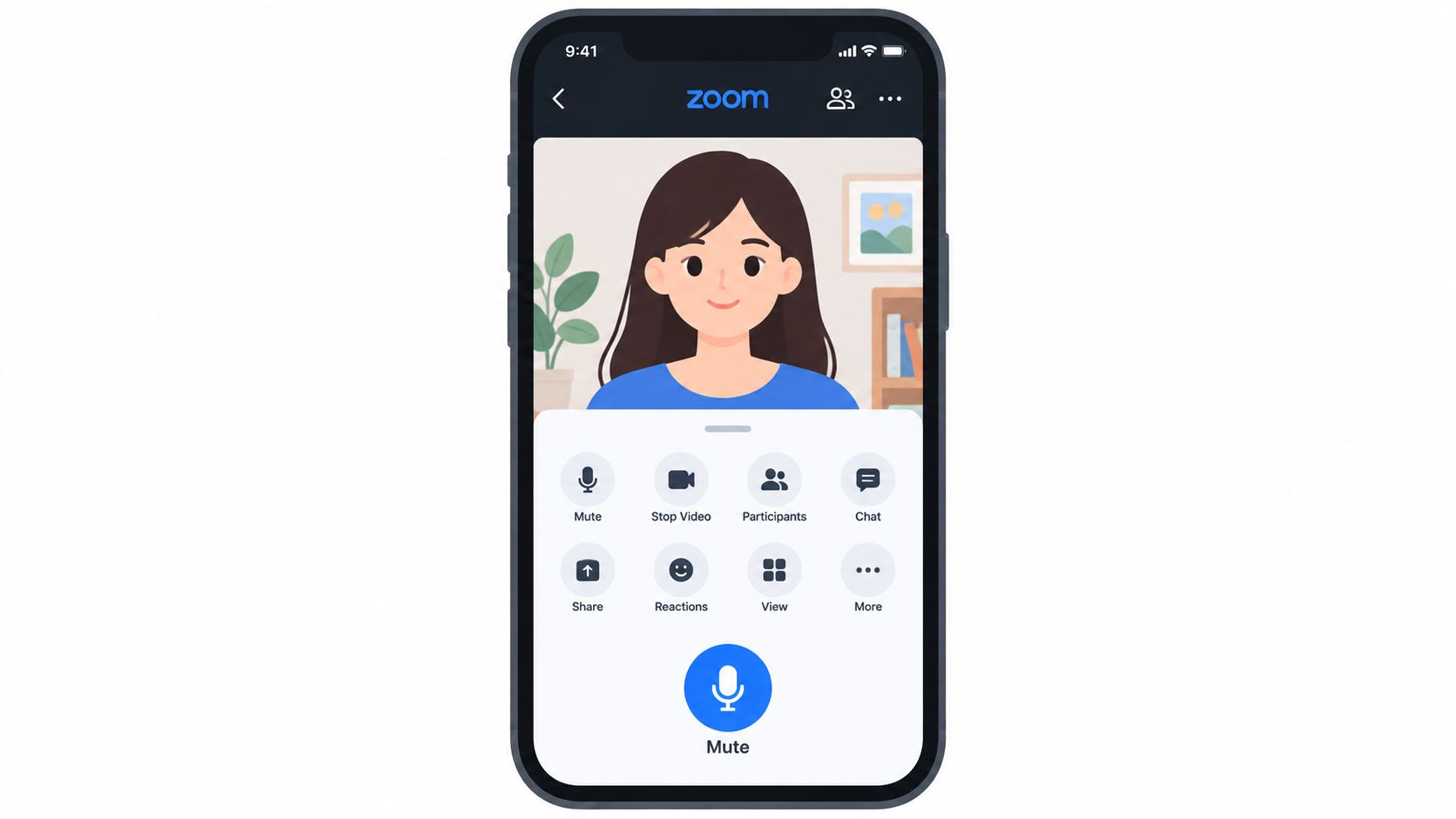 A smartphone screen displaying a Zoom video conference meeting interface with various control buttons and icons.