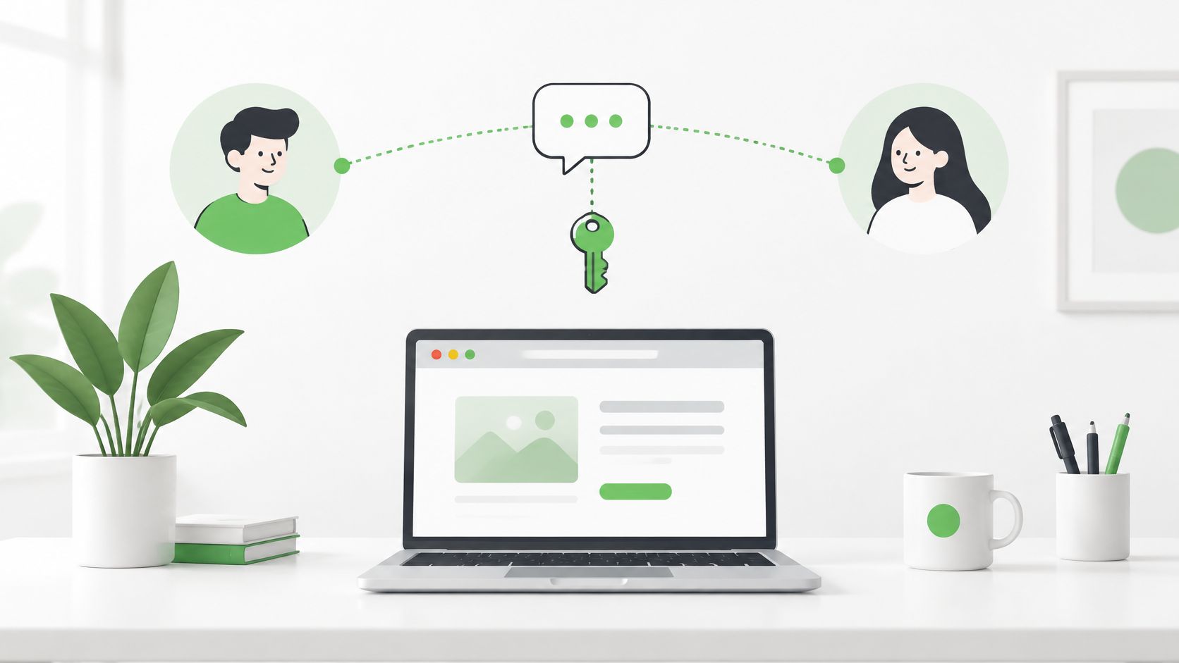 A digital illustration depicting secure online communication between two people with a laptop on a desk.