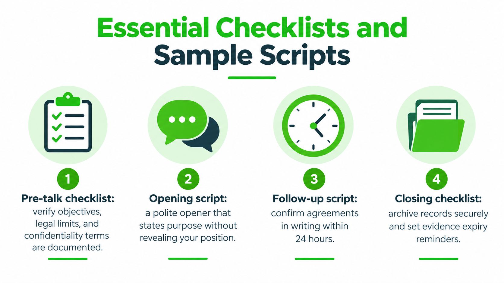 A four-step infographic showing essential checklists and scripts for conducting effective and professional private negotiations.