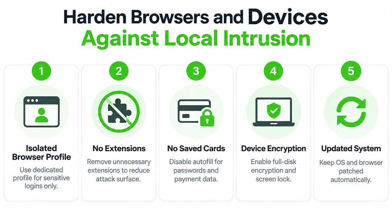 An infographic detailing five essential tips for hardening browsers and devices against local security intrusions.