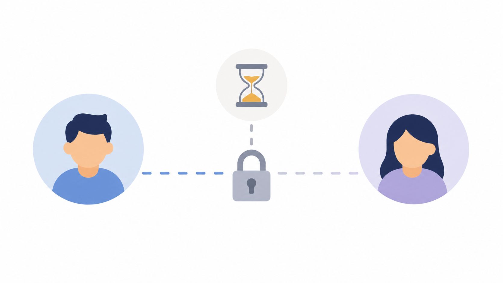 A digital illustration showing a man and a woman connected by a padlock with a timer icon.