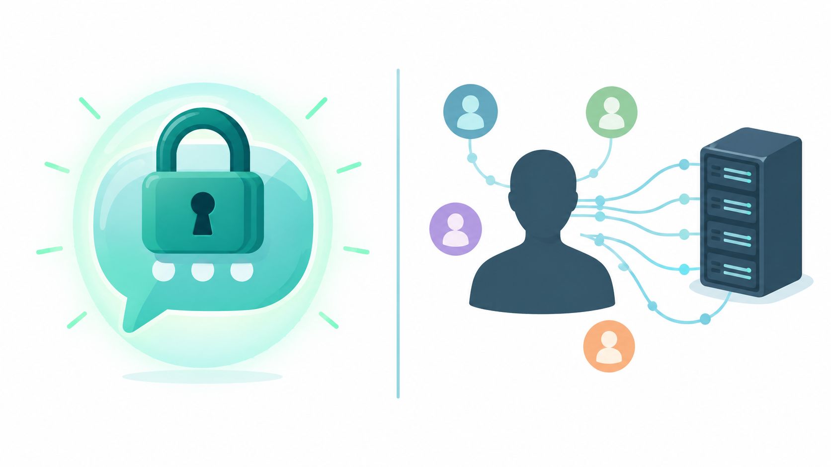 A split image showing a secure encrypted chat bubble on the left and network server connectivity on the right.