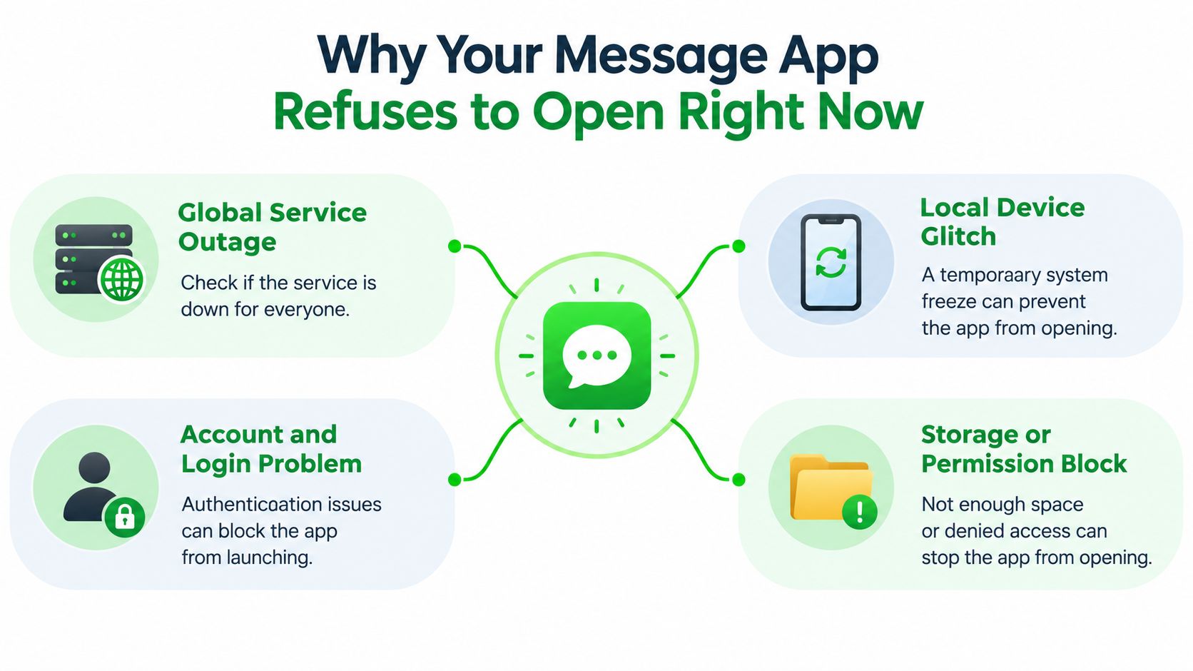 An infographic showing four common reasons why a messaging app may fail to open on your device.