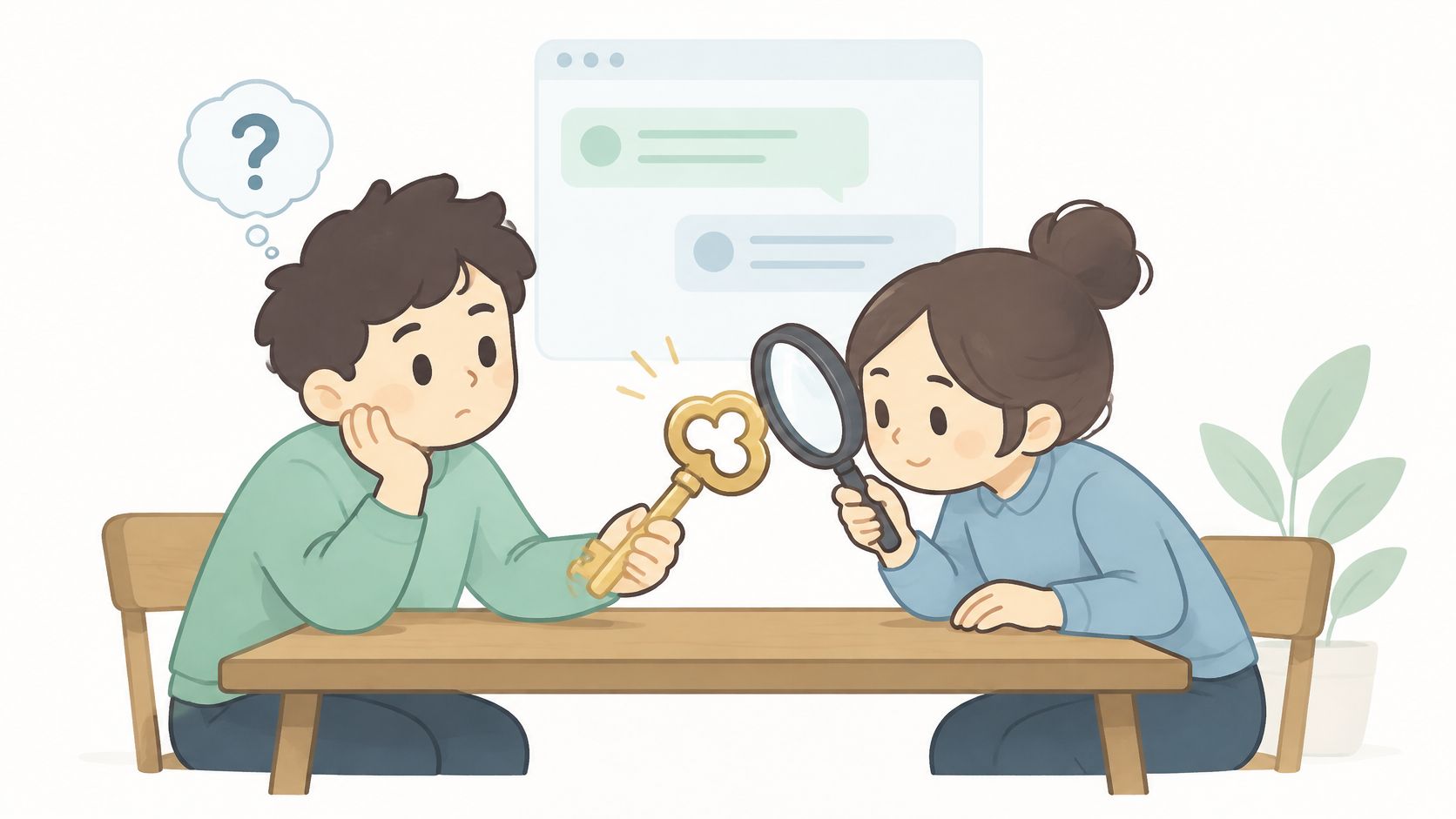 A boy holding a golden key while a girl examines it with a magnifying glass in office