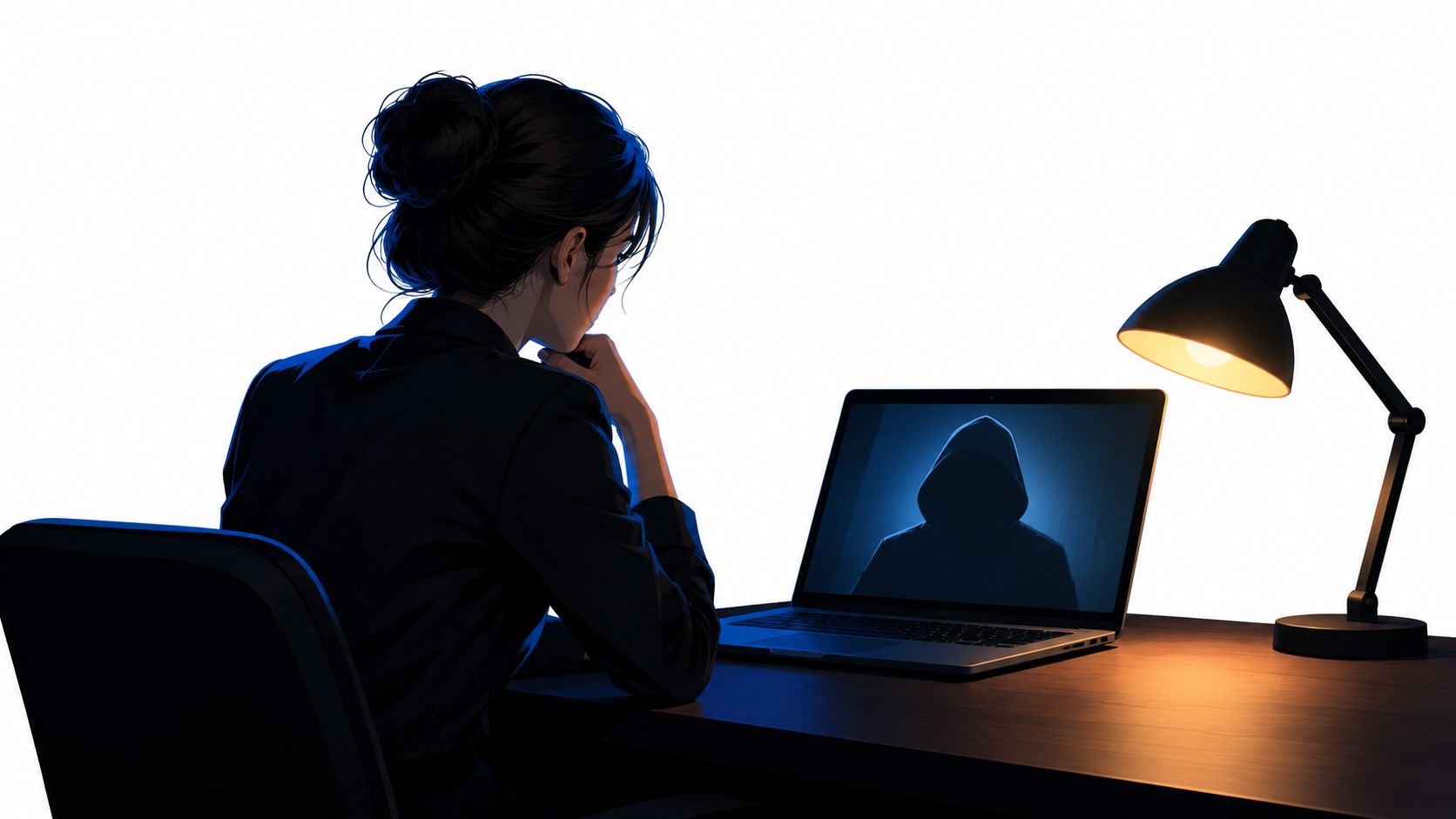 A woman sits at a desk observing a mysterious hooded figure on her laptop screen in the dark.