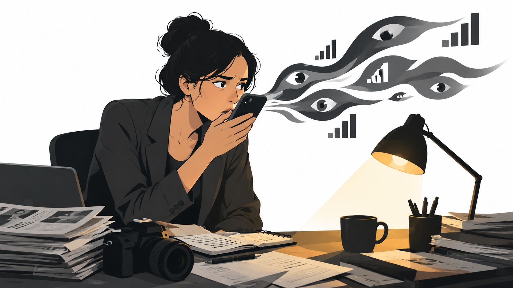 A concerned woman using her smartphone at a desk surrounded by papers, camera, and surveillance-themed abstract imagery.