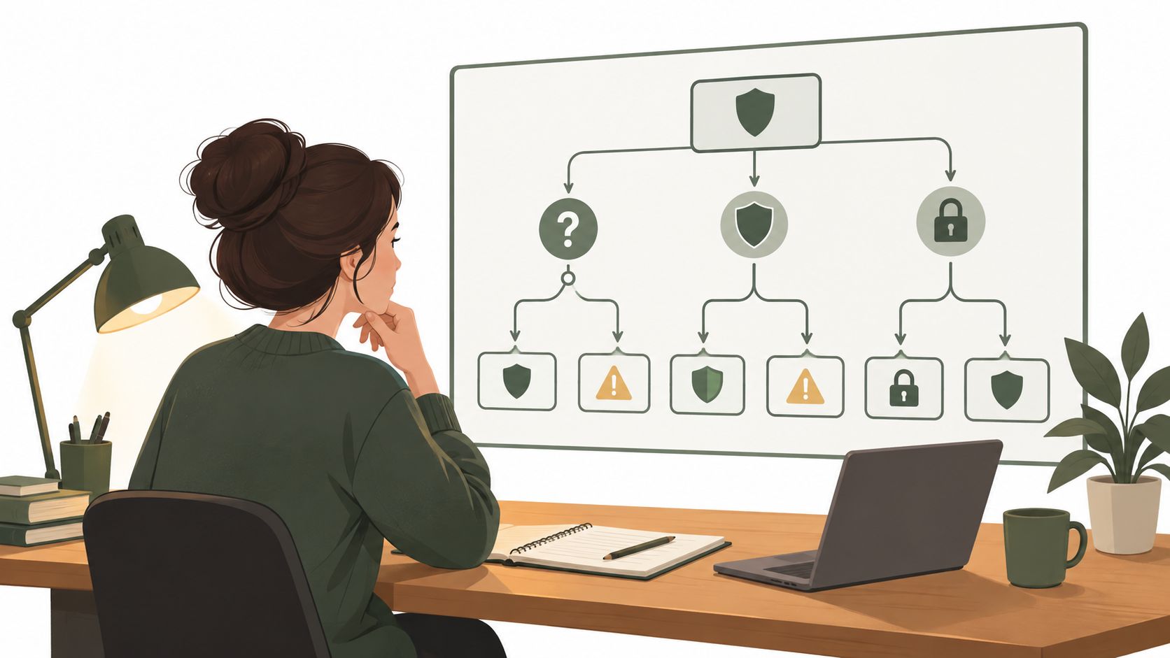 A young woman sits at a desk, thoughtfully examining an organizational security flowchart displayed on a monitor.