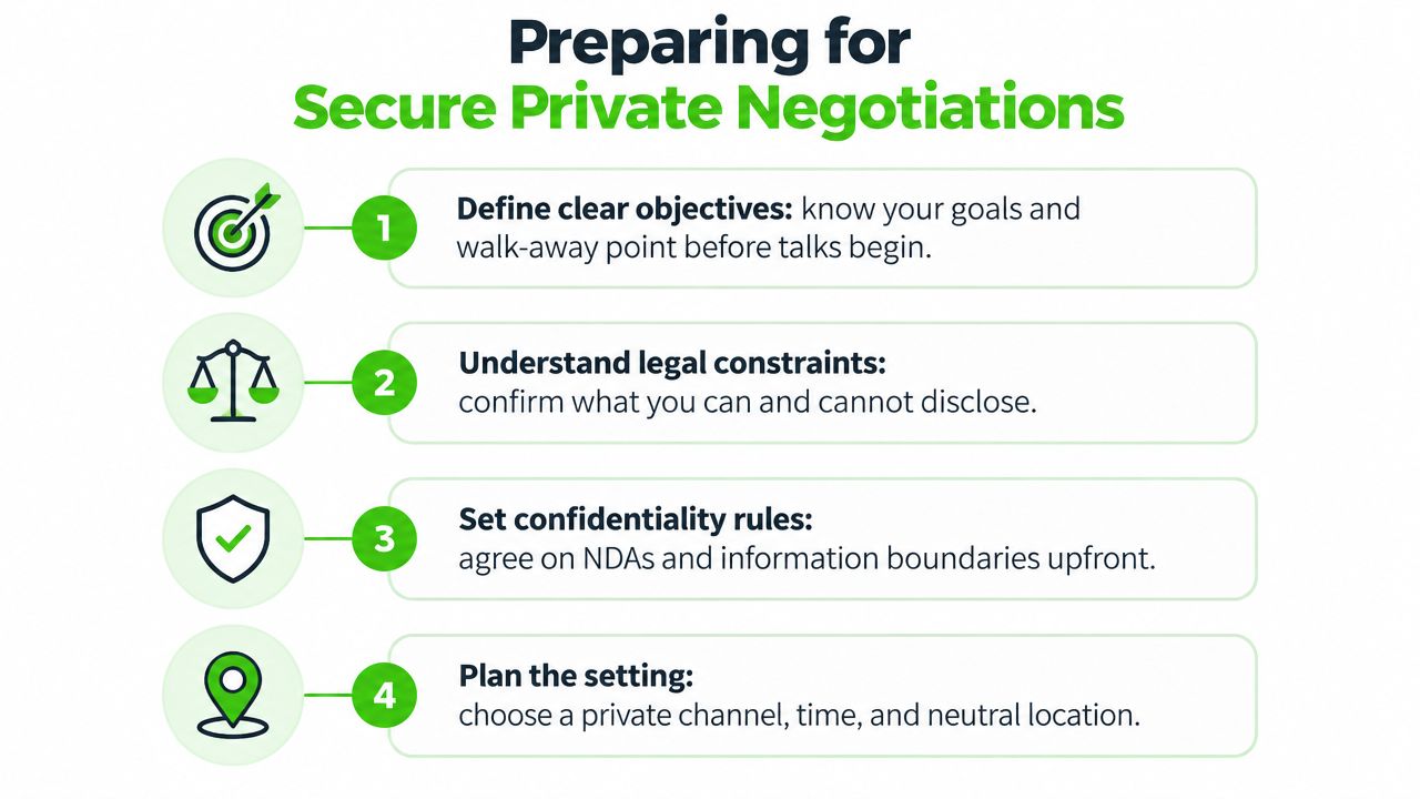 A four-step infographic providing tips for preparing for secure and private negotiations in a professional setting.