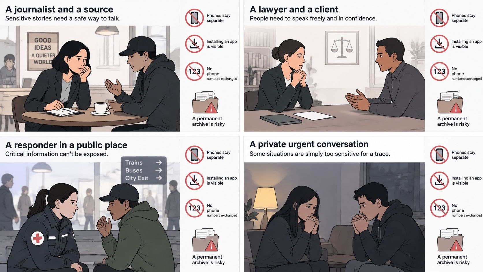 An infographic showing four scenarios for the importance of using secure anonymous chat for private conversations.