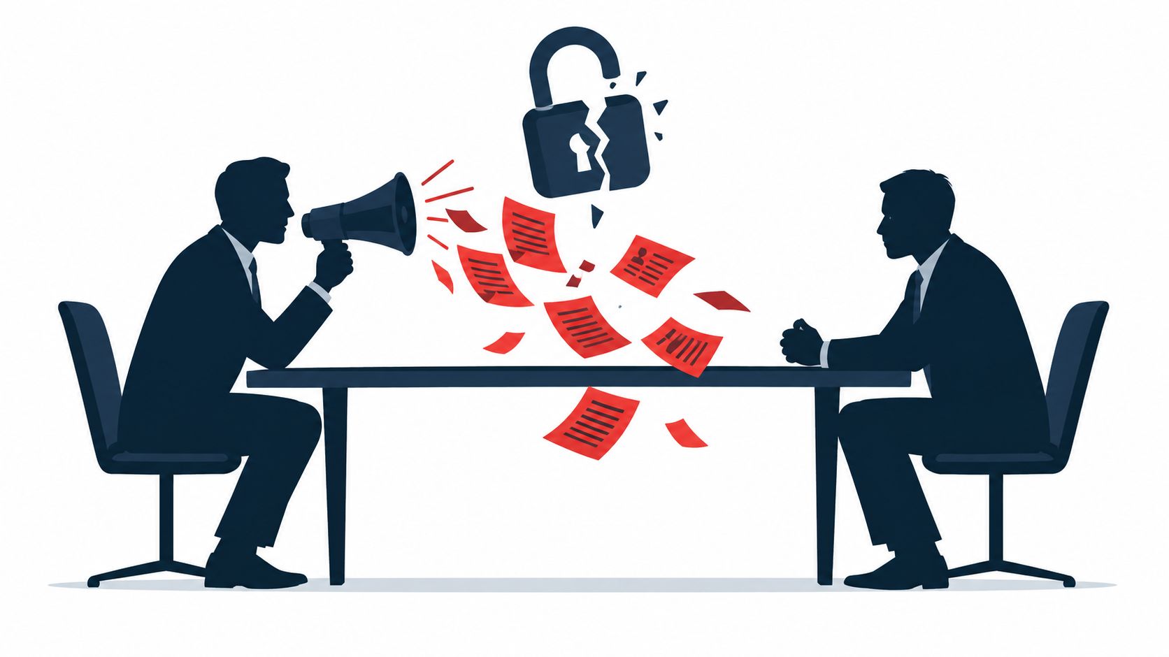 A silhouette of a man shouting through a megaphone, causing confidential documents to scatter from a broken lock.