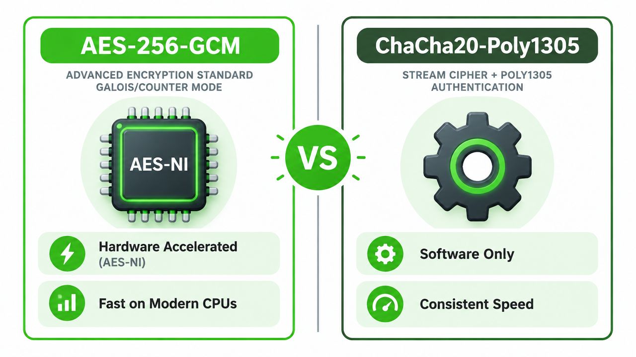 A comparison graphic showing the differences between AES-256-GCM and ChaCha20-Poly1305 encryption standards for digital security.