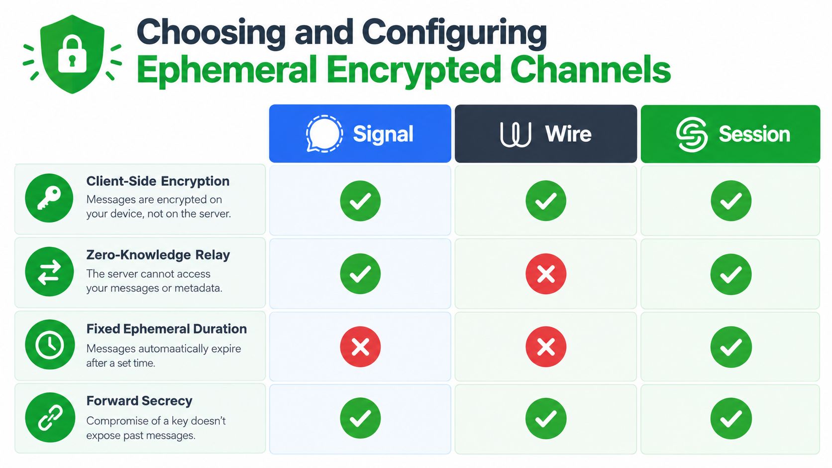 A comparison chart showing features of Signal, Wire, and Session encrypted messaging apps.