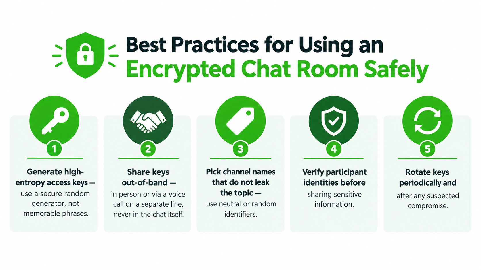 An infographic showing five best practices for using encrypted chat rooms safely with numbered green icons.