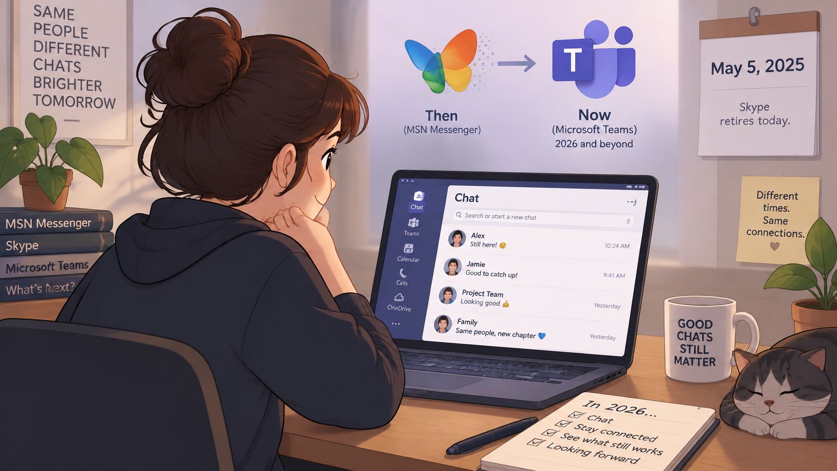 A woman sits at her desk using Microsoft Teams, reflecting on the evolution from MSN Messenger to modern communication.