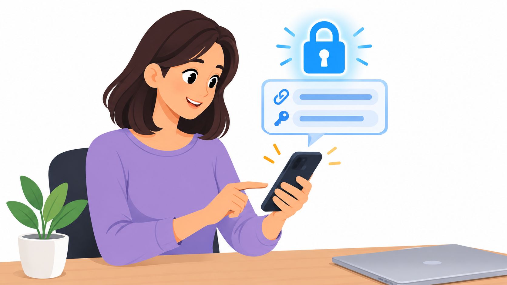 A young woman smiling while using her smartphone with a floating digital lock and password security interface.