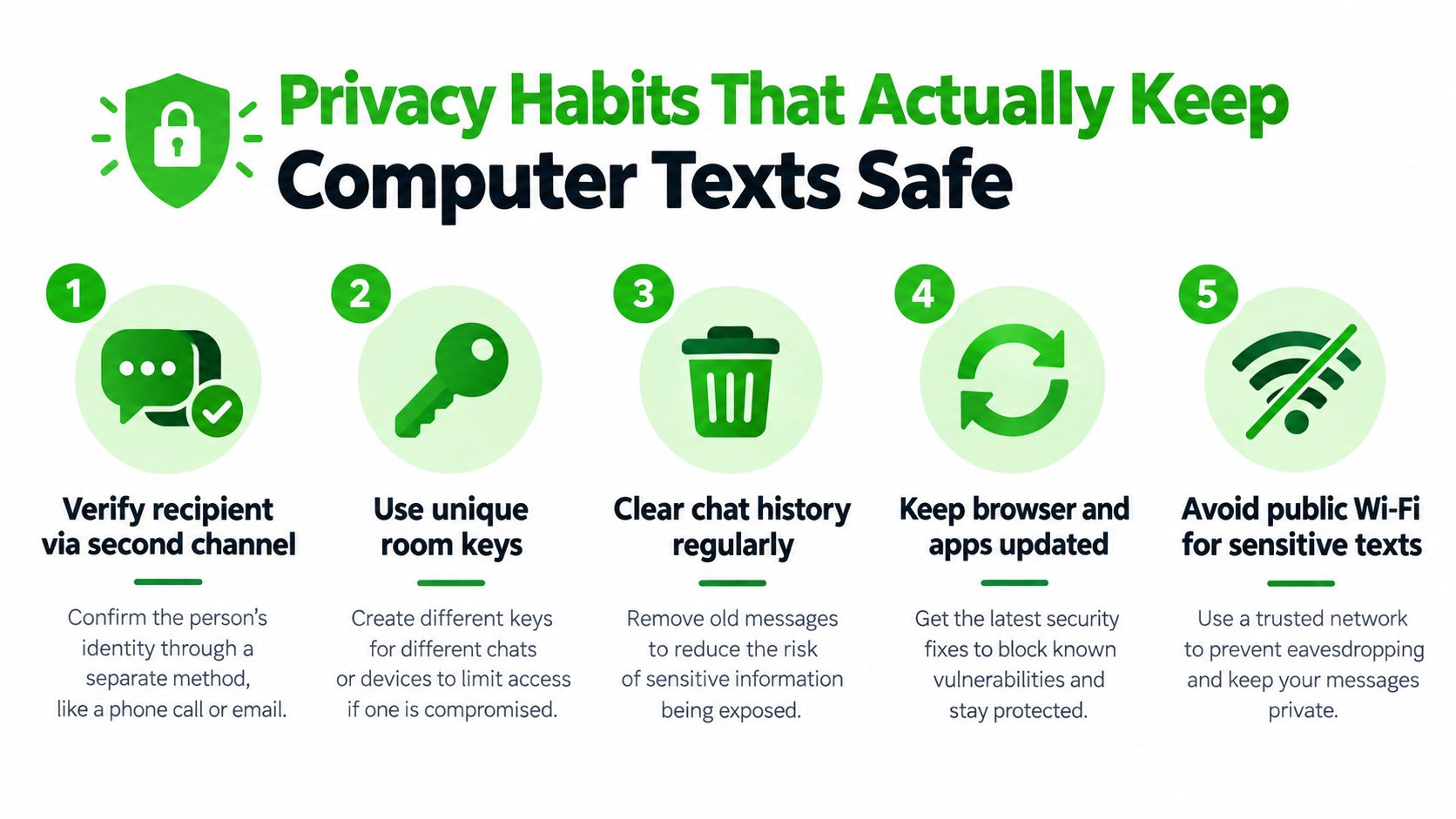 An infographic detailing five essential privacy habits for secure texting on a computer, including verification and updates.