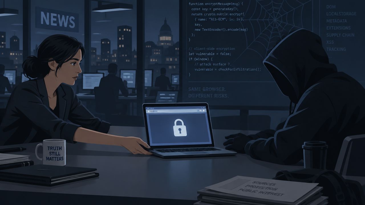 A journalist and a mysterious hacker sitting at a desk collaborating on secure digital communications.