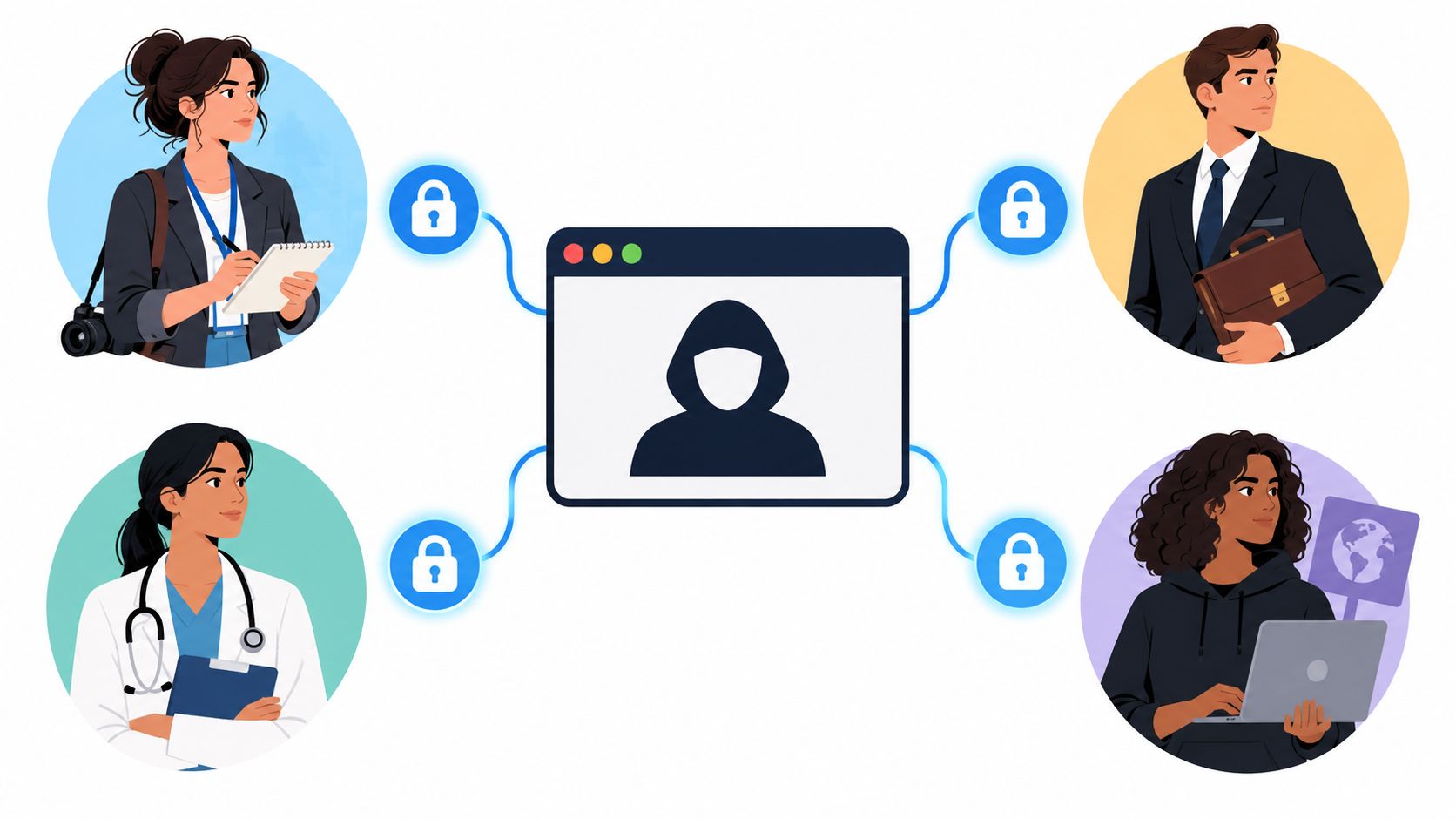 A digital illustration showing four diverse professionals connected to a centralized secure browser app window with icons.